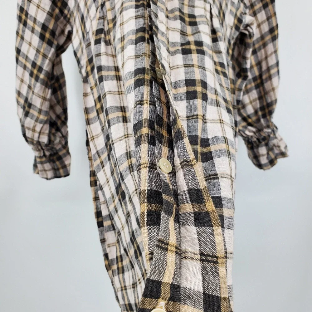 Free People x CP Shades Plaid Linen Mini Dress Tan Black V-Neck Boho Small